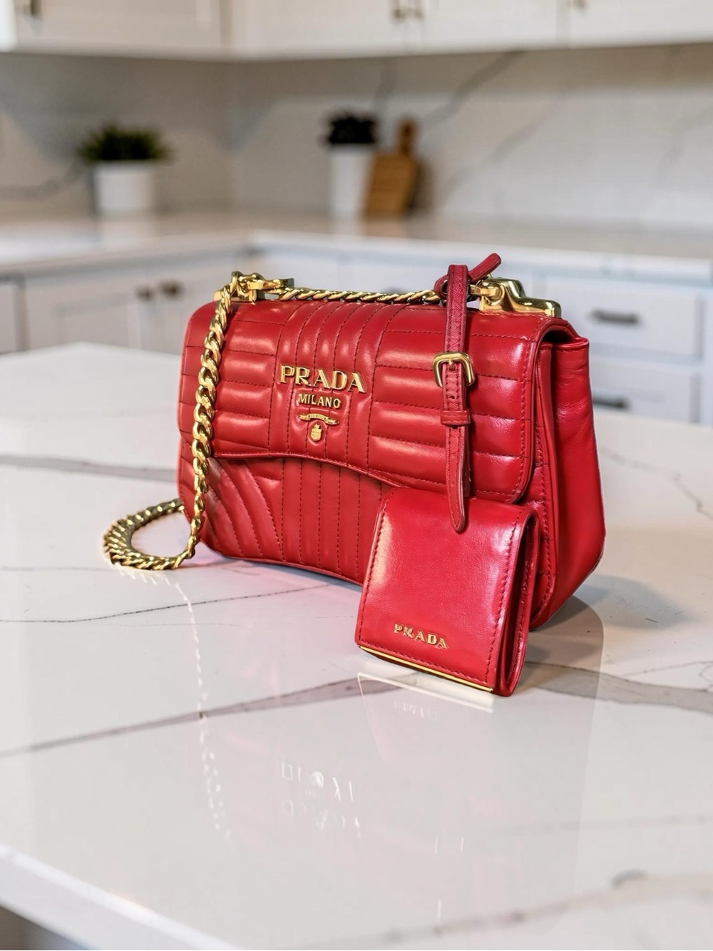 Prada Diagramme Quilted Leather Shoulder Bag in Red with Chain Strap Crossbody - Picture 1 of 15